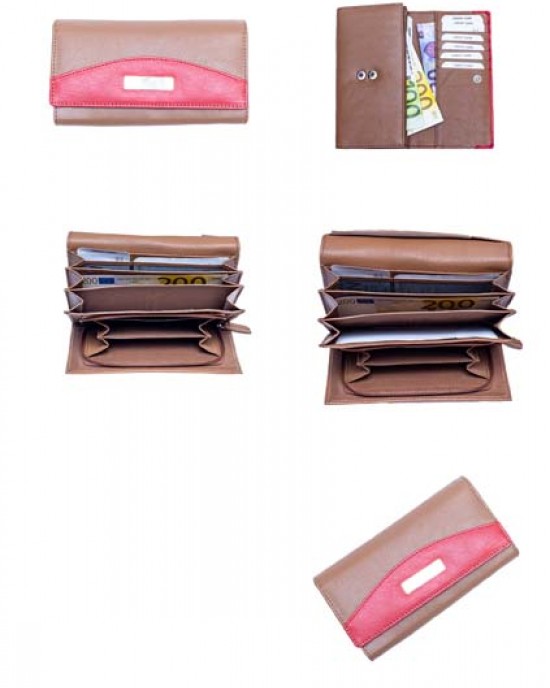 Women's Wallet with Metal Plate - Tan & Red - 1108M | RFID Protection Women's Wallet with Metal Plate - Tan & Red - 1108M | RFID Protection